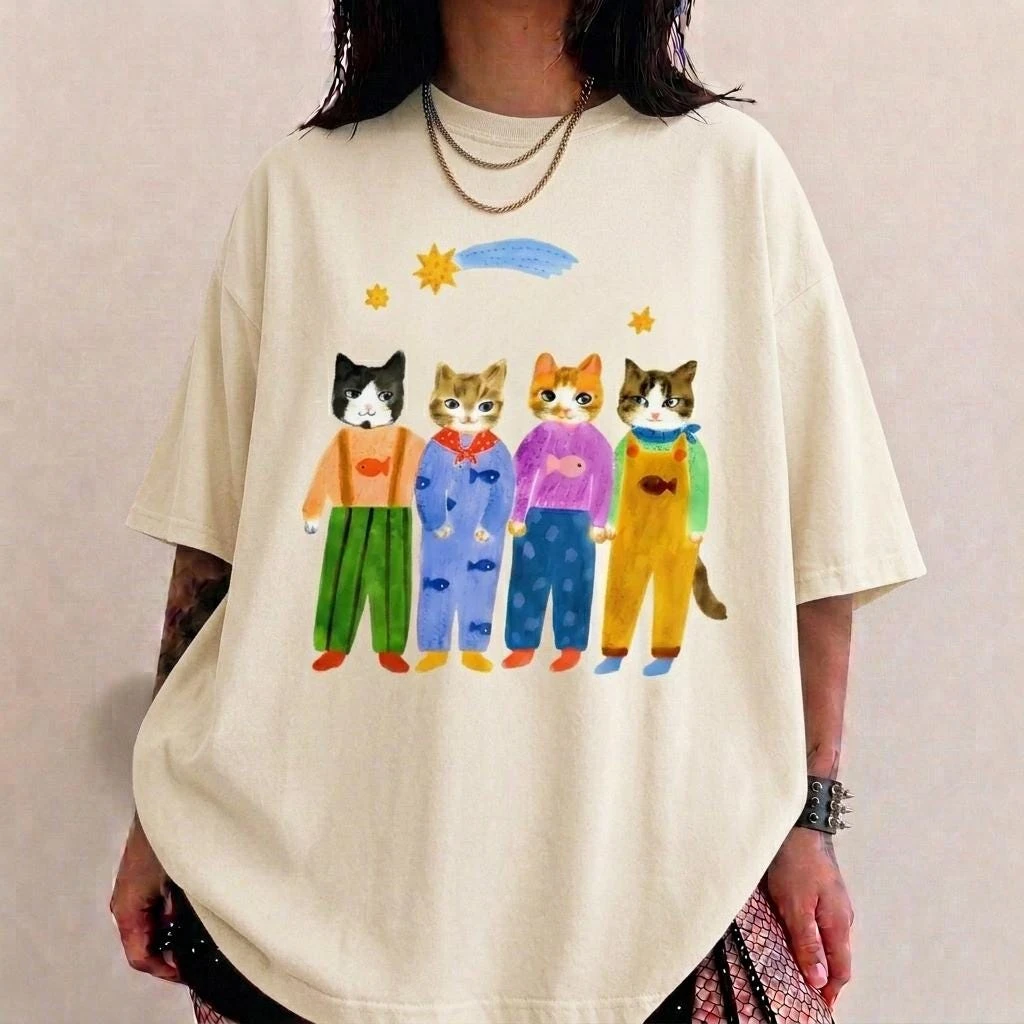Hand Painted Funny Cats, 90s Graphic Tees, Cute Cat Lover Shirt, Whimsical Cat Graphic Tee, Colorful Cat Art T-Shirt