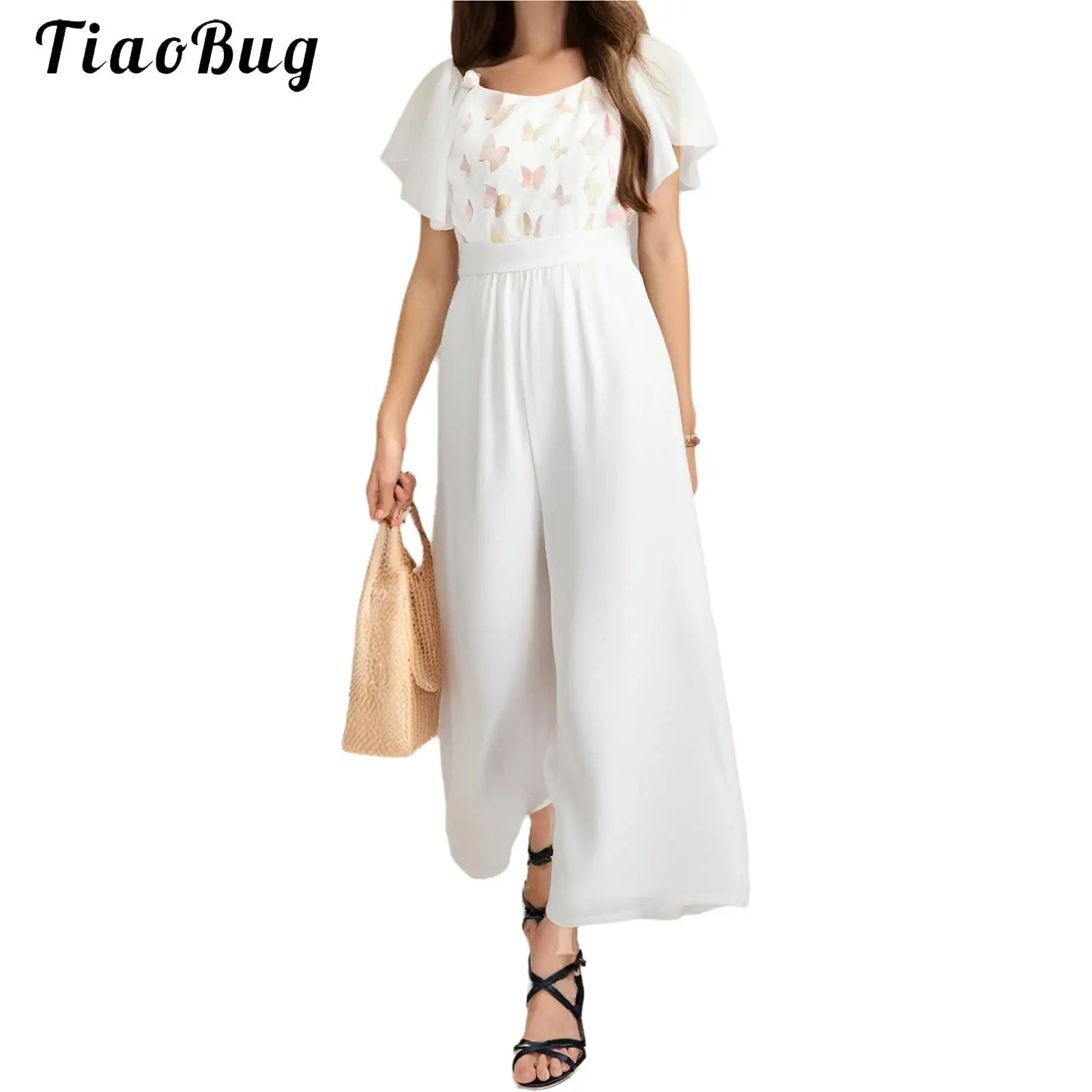 

Teen Girls Elegant Jumpsuit Butterfly Applique Chiffon Ruffled Sleeve Sides Slit Romper for Wedding Birthday Party Pageant
