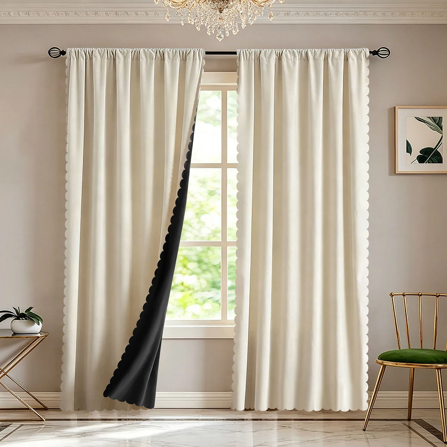 2PCS Rod Pocket Cream Scalloped Edge Blackout Curtains, All‑Season Thermal Drapes for Bedroom Living Room Interior Home Decor