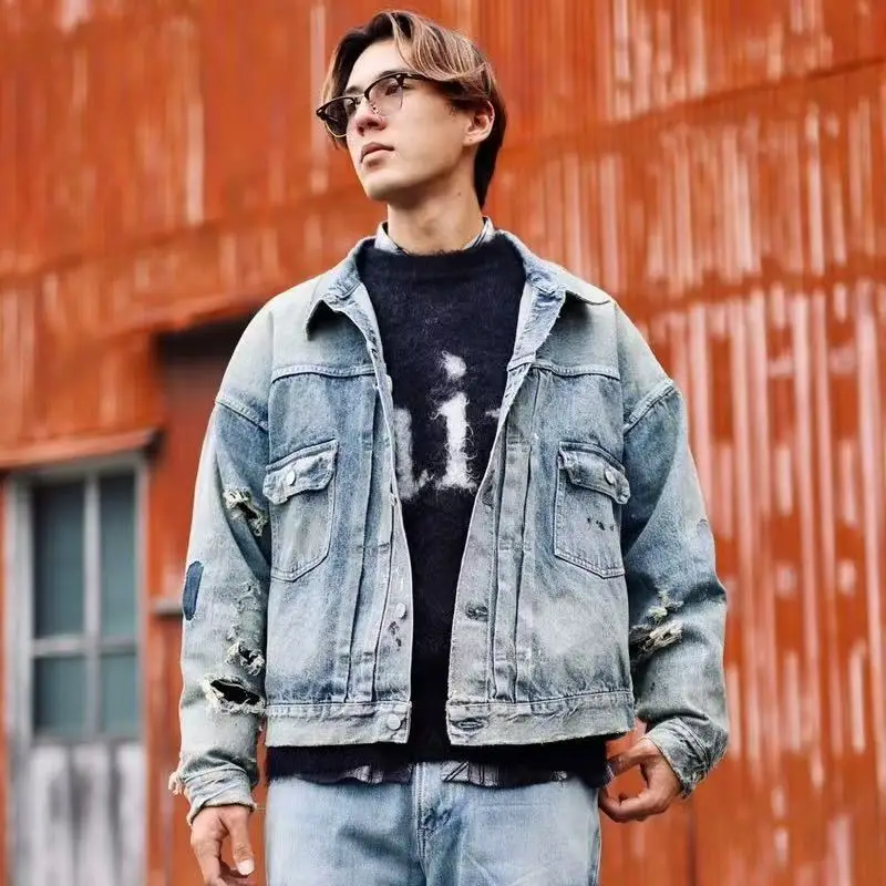 

Джинсовая куртка Berberjin fiti Waed Destroyed, повседневная, свободного кроя, из хлопка, с длинными рукавами, дышащая, для молодых мужчин