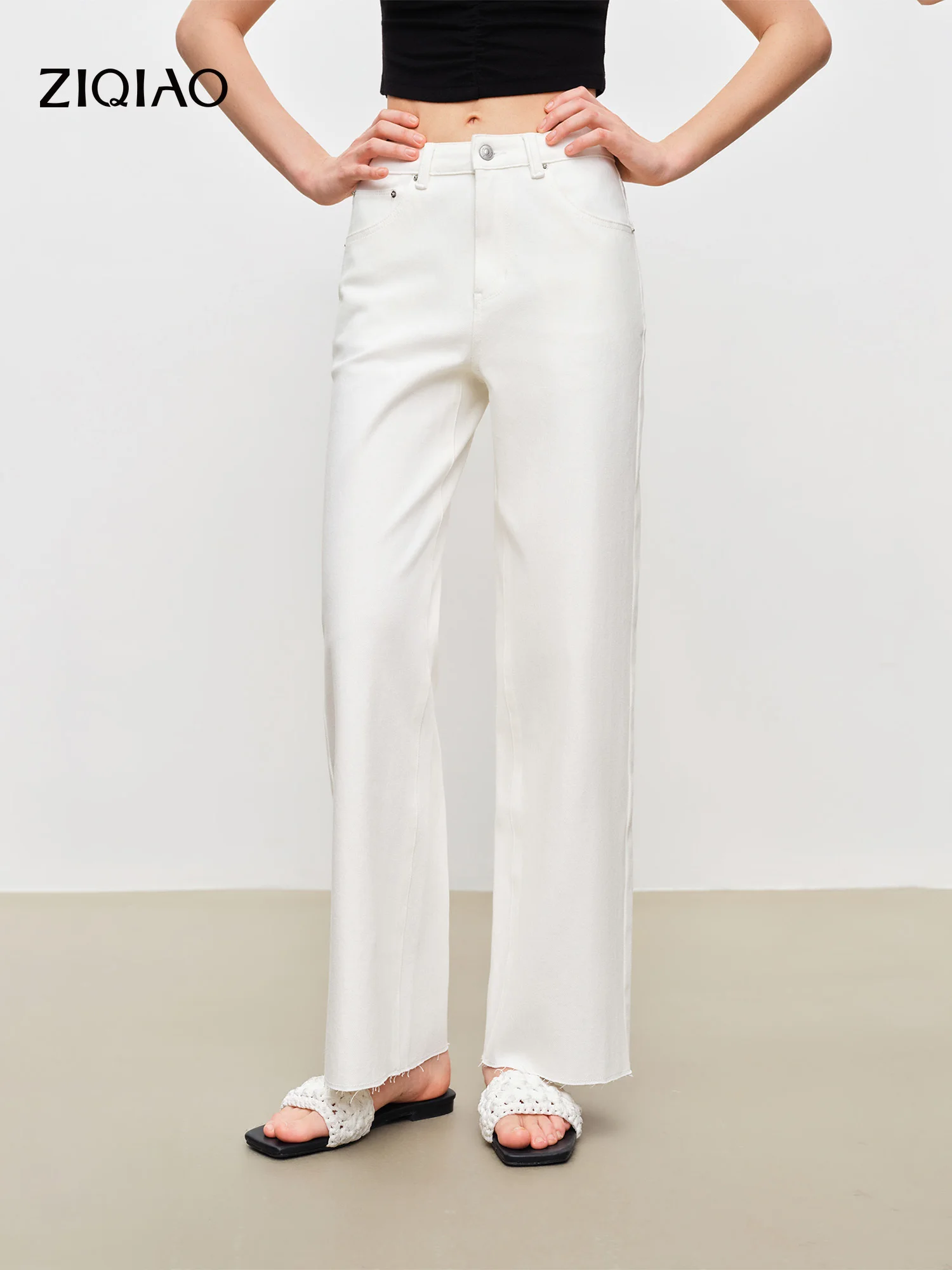 

ZIQIAO 2026 New Arrival Summer Women White Cropped Raw-Hem Straight-Leg Jeans, Twill Denim Pants for Slimming Daily Chic Style