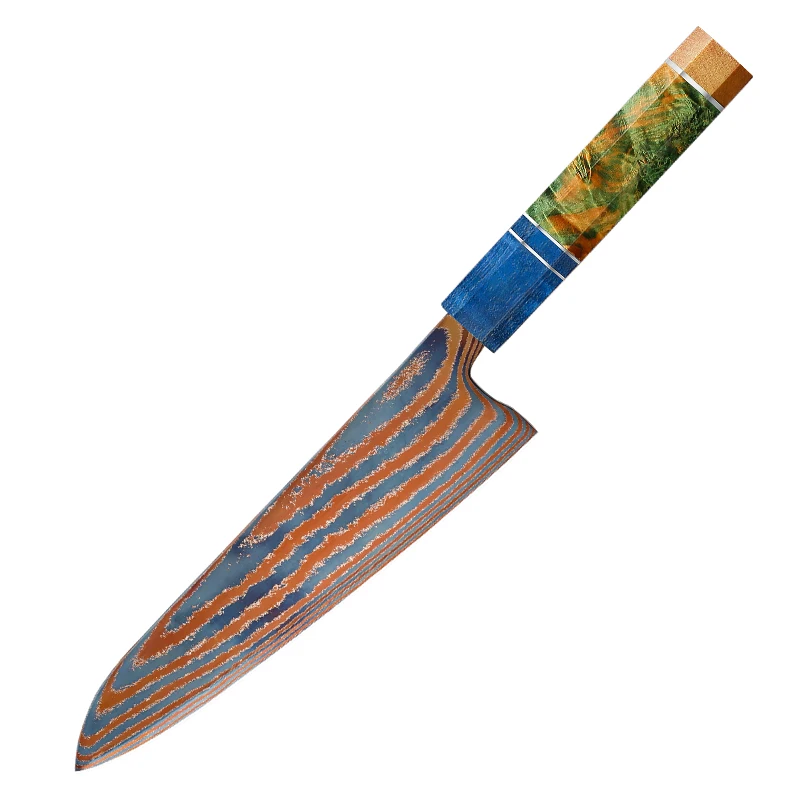8-inch Damascus steel chef knife  Sharp Timascus knife blade Titanium Cut Vegetable and Meat Stabilized Colored Wood Handle