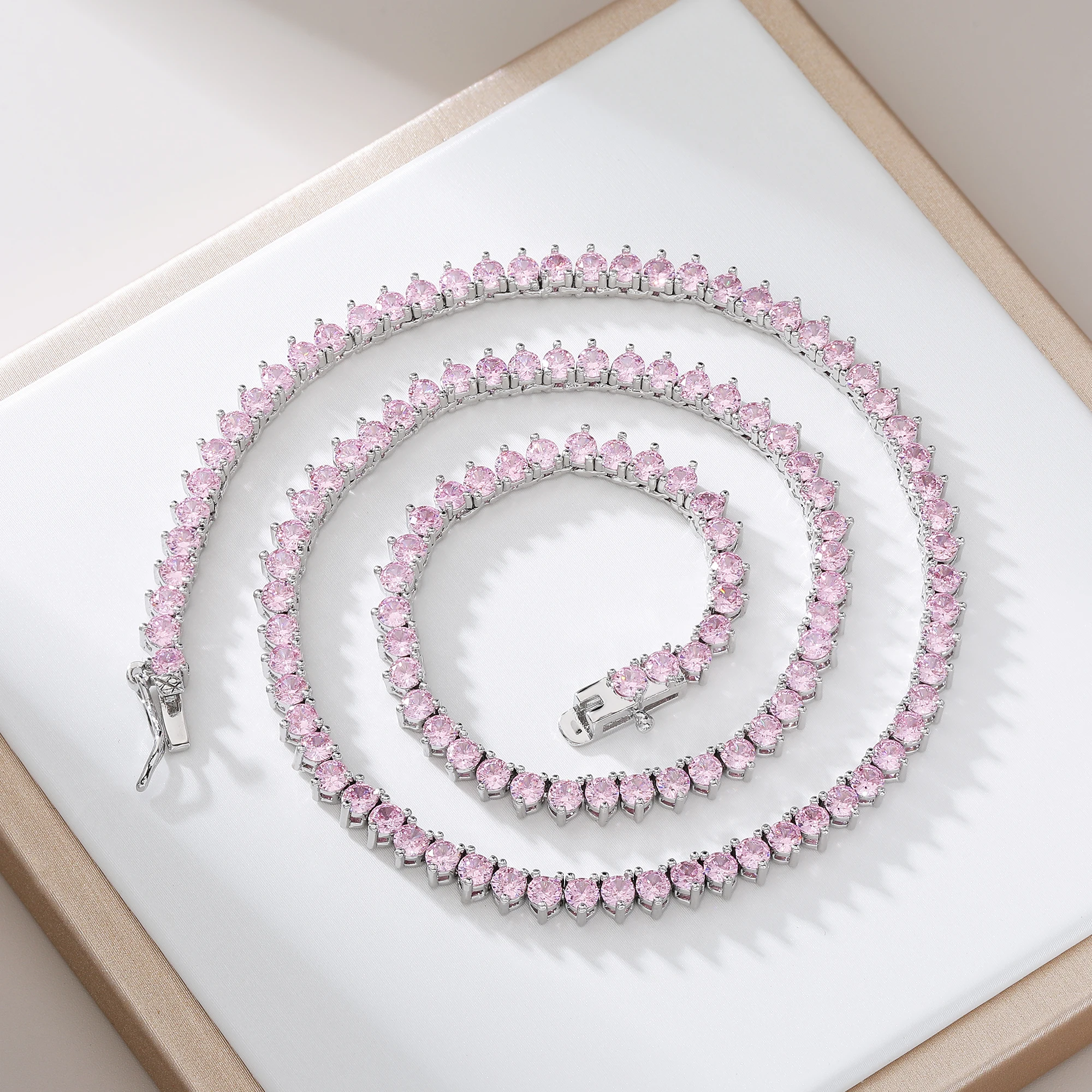 

Classic Women's 3mm Pink Zircon 3 Claws Tennis Necklace Jewelry Gift