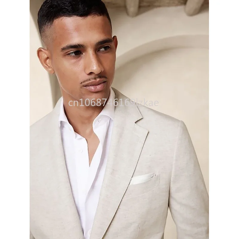 Beige Notch Lapel Single Breasted Men\'s Suits Slim Fit Wedding 2 Piece Jacket Pants Set Custom Made Terno Full Set Linen Suit