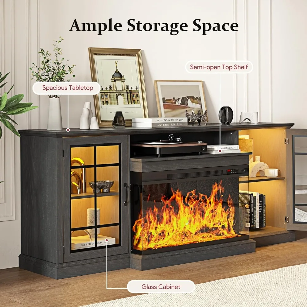 Supporto TV con caminetto da 80'', centro di intrattenimento in fattoria con supporto TV in vetro a 3 lati, tavolo consolle multimediale moderno con contenitore