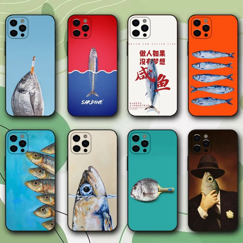 

Fish Sardine Painting Art Phone Case For iPhone 15,14,13,12,11,Pro,X,XS,Max,XR,Plus,Mini Soft Black Cover