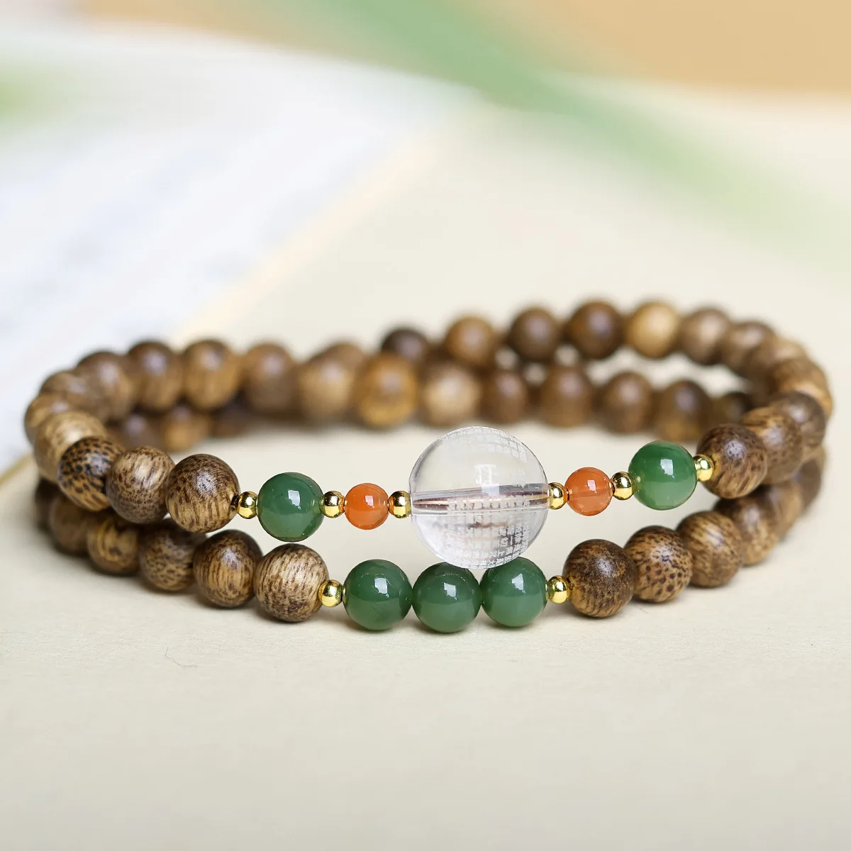 

Original New Chinese Style Two Loop Bracelet with Brunei Agarwood Natural White Crystal Heart Sutra Jasper for Women Gifts