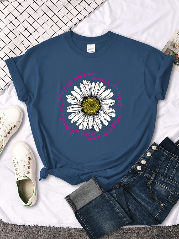 Take Your Dreams Small White Daisies Women T Shirts Breathable Summer T-Shirt Street Hip Hop Tee Shirt O-Neck Sweat Short Sleeve