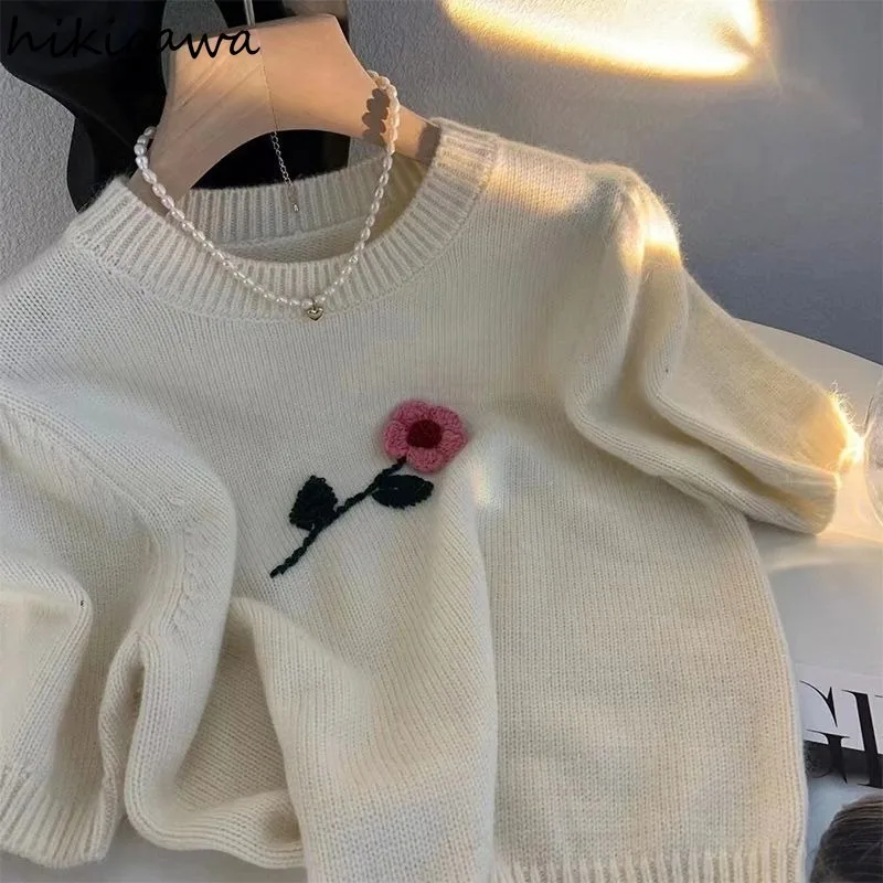 Mohair Sweater Short Knitting Tops Cropped Pullovers for Women Floral Short Sleeve O-neck Jumper Sueter Mujer Sweet Chic Jumper