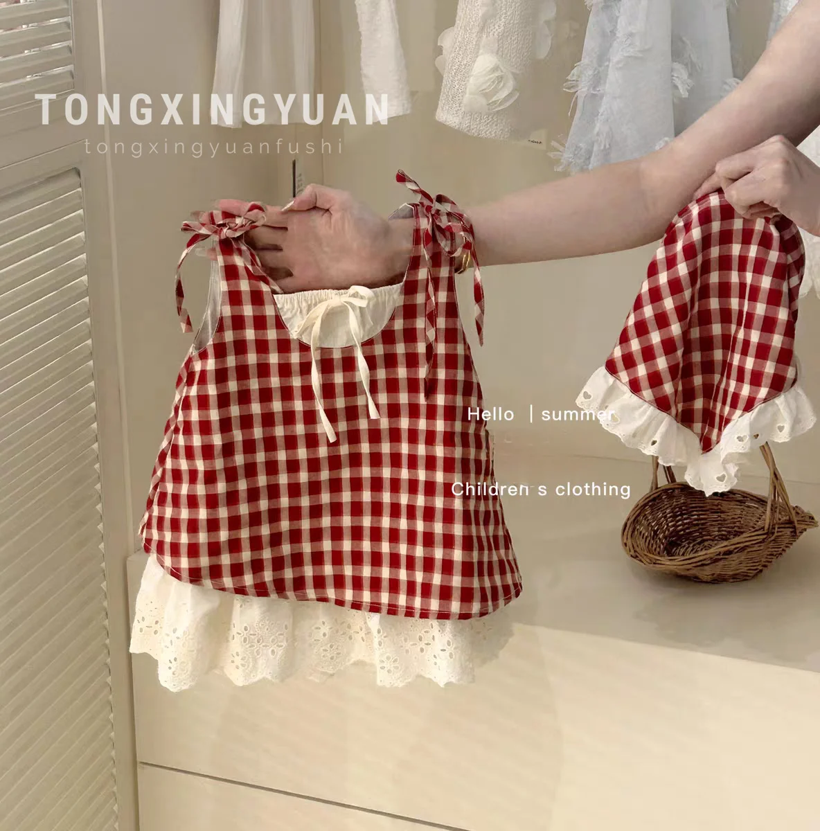 Children Clothing Girls Red Plaid Fake Two-piece Dress 2024 Summer New Children Baby Bow Vest Dress with Headscarf