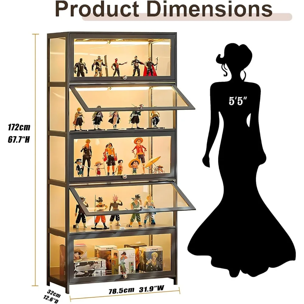 5-Tier Acrylic Glass Curio Cabinet with Adjustable Shelves for Large Storage