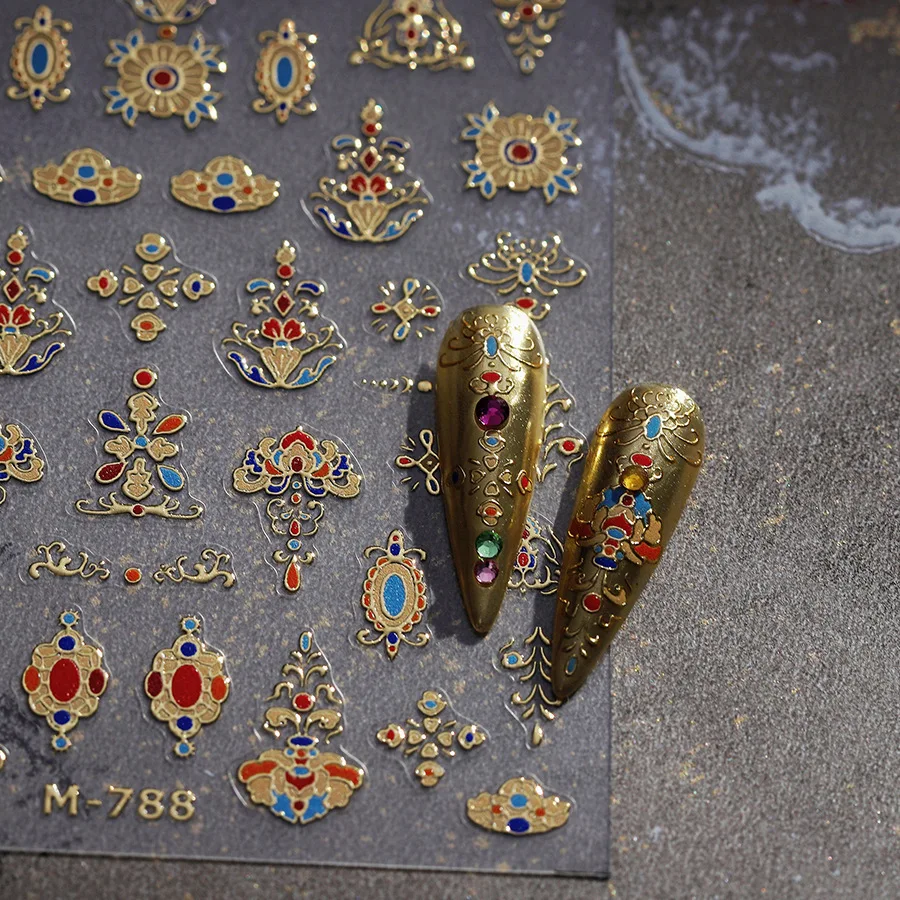 Goldprägung Blume Vintage Blumenmuster Totem chinesischen Stil 5D Retro Nail Art Aufkleber geprägt selbstklebend Maniküre Aufkleber