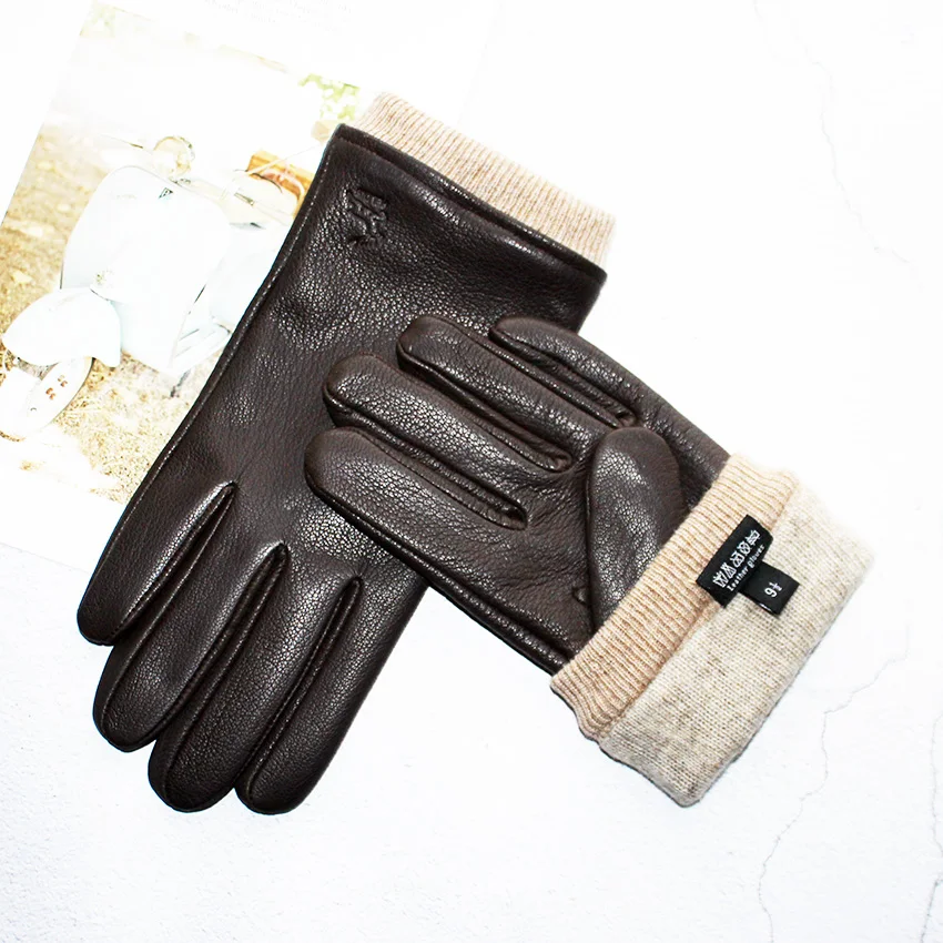 Outdoor Cold proof Men\'s Motorcycle Riding Deer Skin Gloves Fashion New Wool Lined Leather Winter Warm Driving