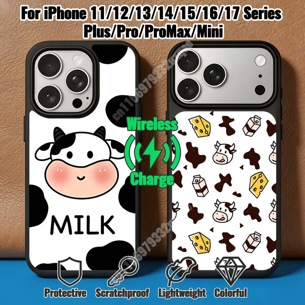 Milk Cow Pattern Magnetic Charge Case for iPhone 17 16 Pro Plus 15 14 Max Mini 13 12 11 Secure Protector