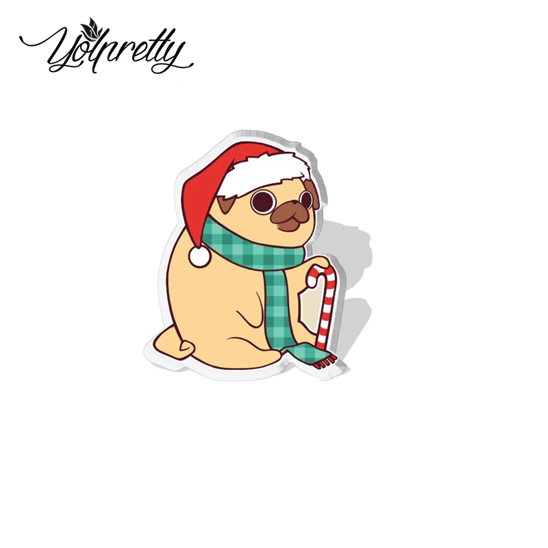 2023 Cartoon Merry Chrristmas Pug Dog Pattern Acrylic Resin Epoxy Brooches Bages Icon Jewelry Accessories