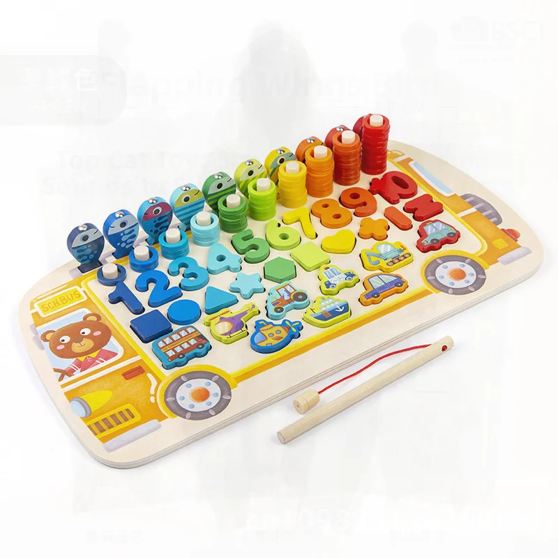 Drewniana edukacyjna tablica arytmetyczna i logarytmiczna dla dzieci, wielofunkcyjna, w kształcie autobusu szkolnego, układanka, zabawka do nauki cyfr.