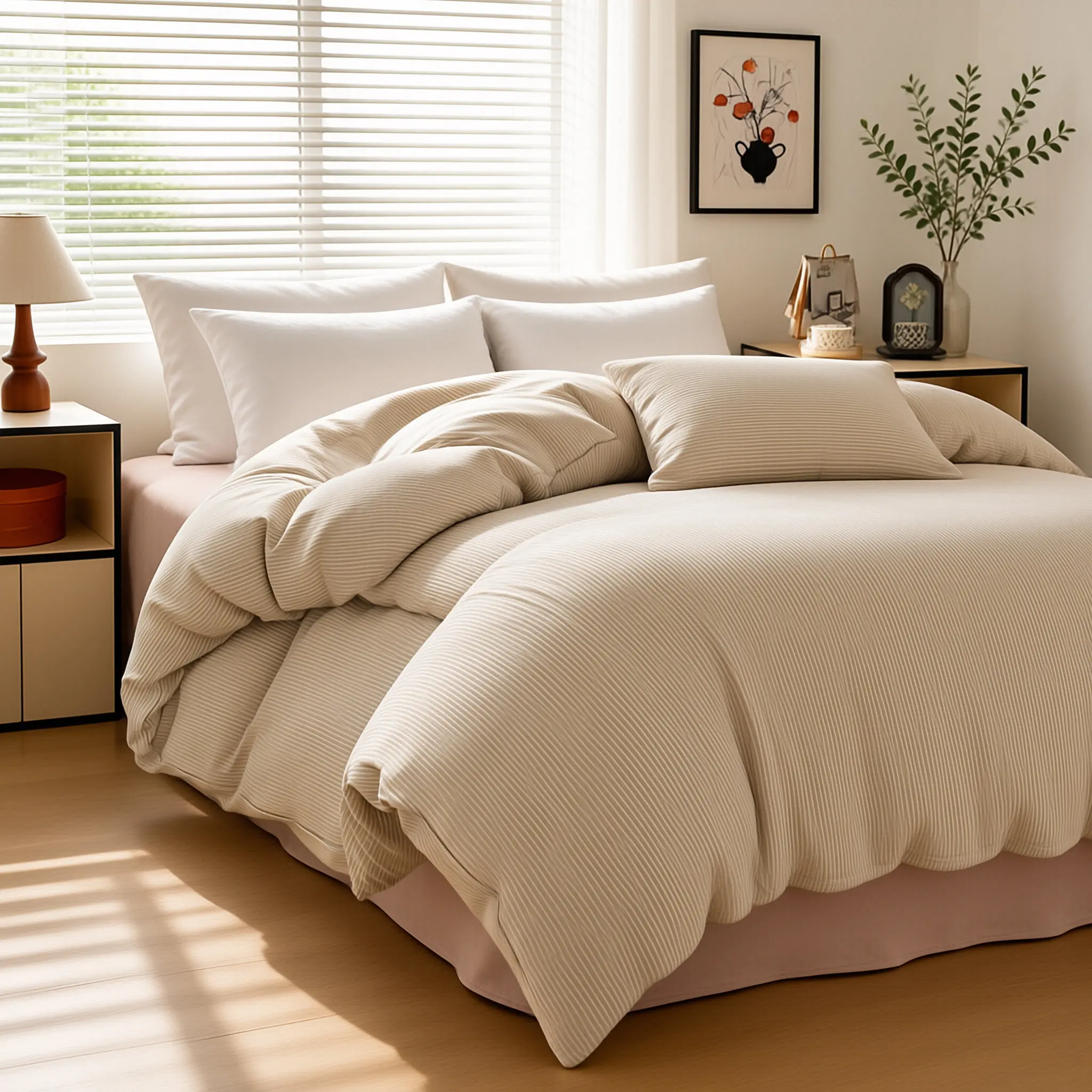 100% cottonStriped Bedding Set, Solid Color Minimalist Cotton Fitted Sheet and Duvet Cover
