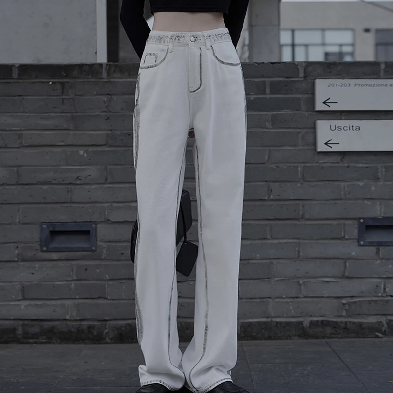 Korean Waist Baggy Jeans For Women 2024 Fashion Straight Wide Leg Pants Black Side White Denim Trousers Y2k Streetwear Female