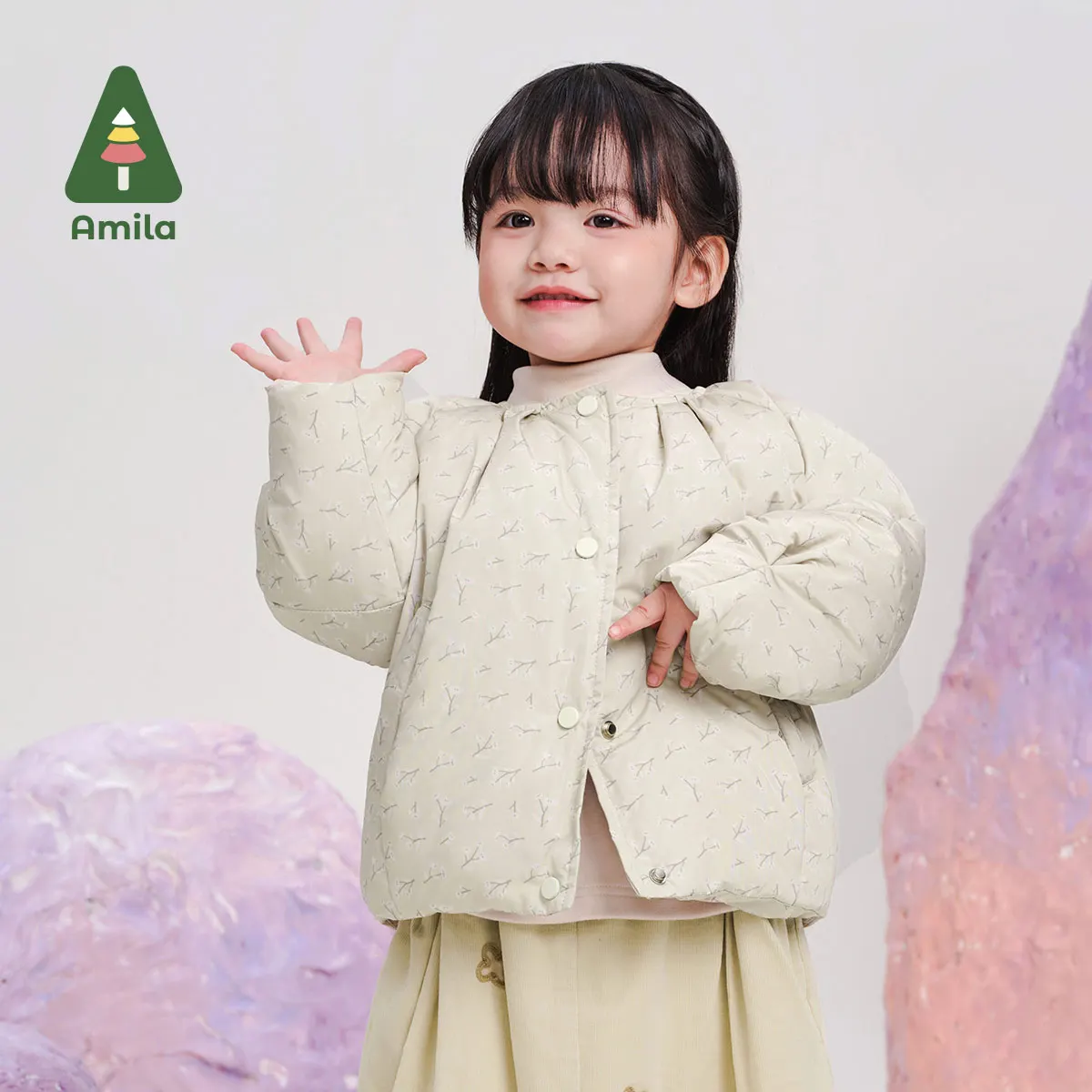 Amila Baby Cotton Clothes 2024 Winter New High Quality Girls Solid Color Round Neck Cute Soft Warm Casual Loose Children‘s Coat