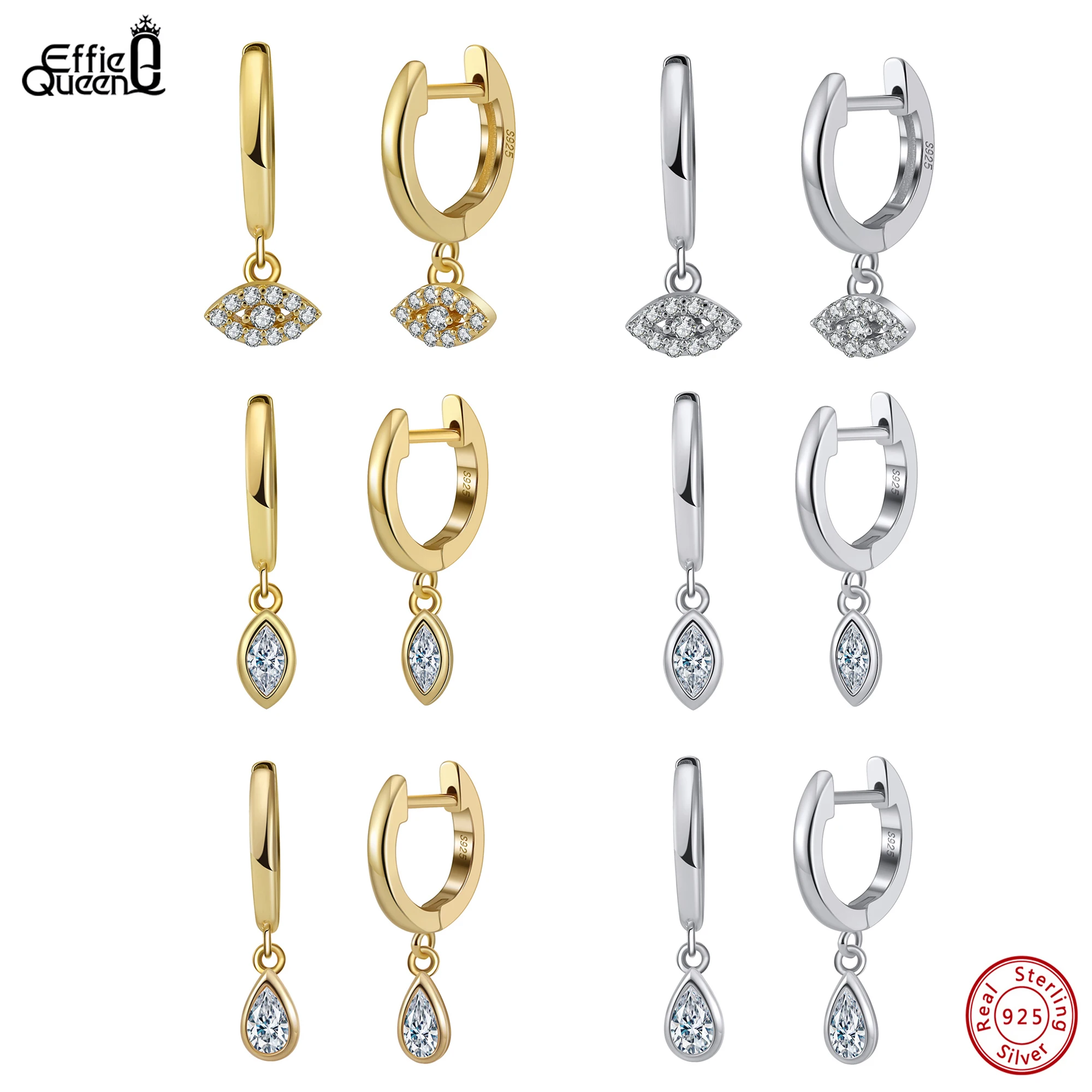 

Effie Queen 925 Sterling Silver 14K Gold Eye, Water Drop & Marquise Stud Earrings With Brilliant AAAA Cubic Zirconia Gift EQE51