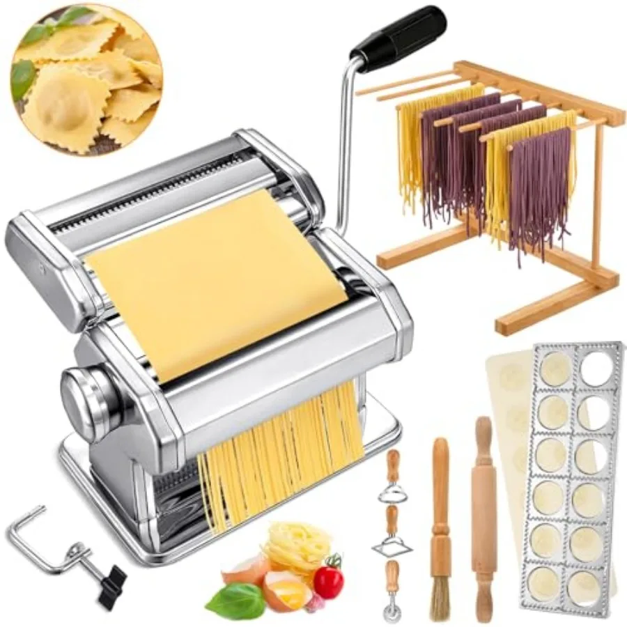 

8 Pcs Pasta Maker Machine Set Including Stainless Steel Noodle Maker Machine Wood Pasta Drying Rack Ravioli Stamp Maker Cutter