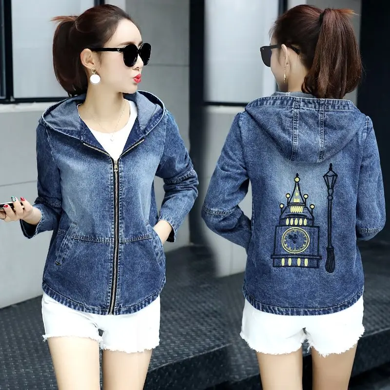 Vintage Denim short coat women 2024 spring and autumn new Korean long sleeve loose thin hooded student jeans jacket tide T424