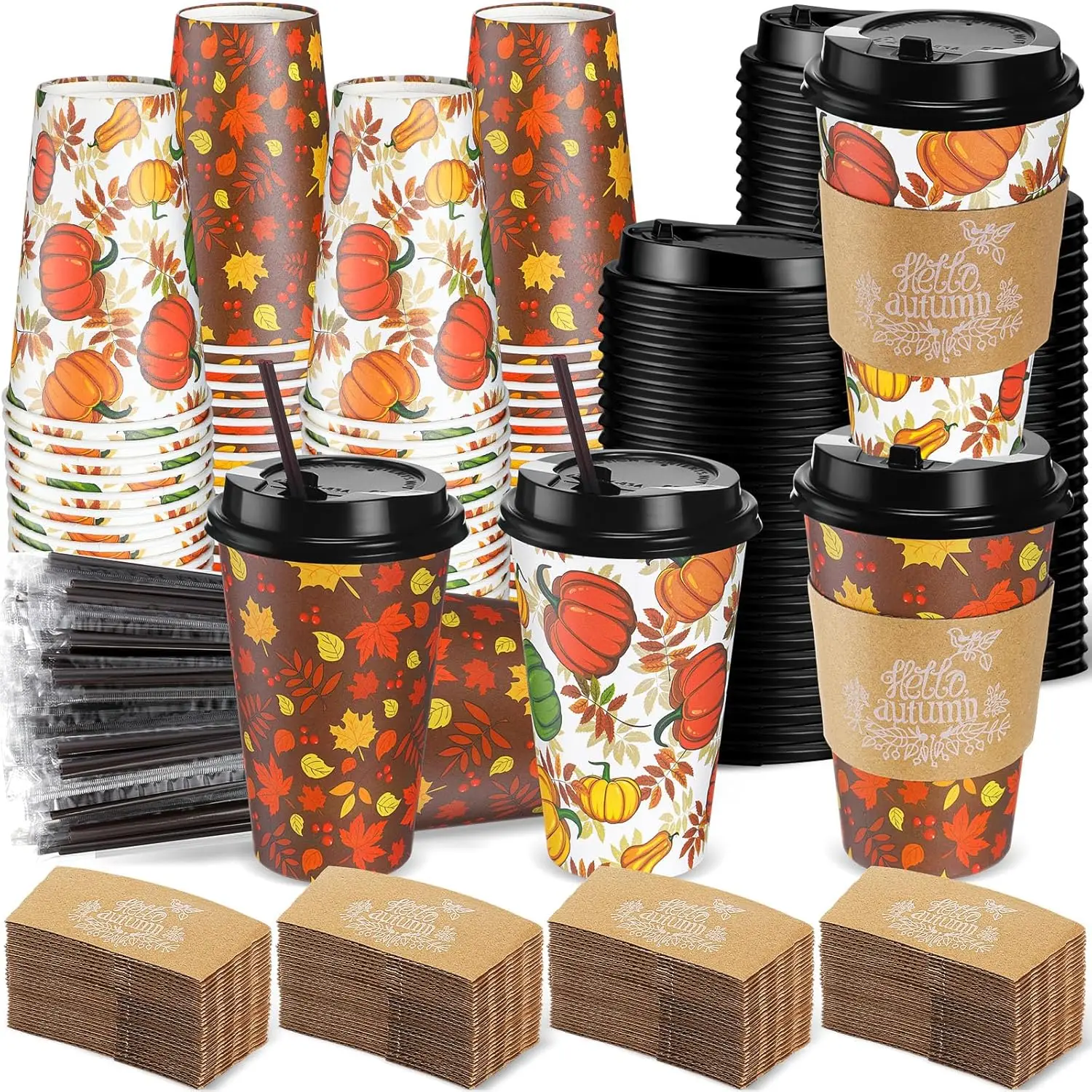 

100 Sets Fall Disposable Coffee Cups with Lids, Straws, and Sleeves, Fall Thanksgiving 16 oz Paper Cups Autumn Pumpkin M