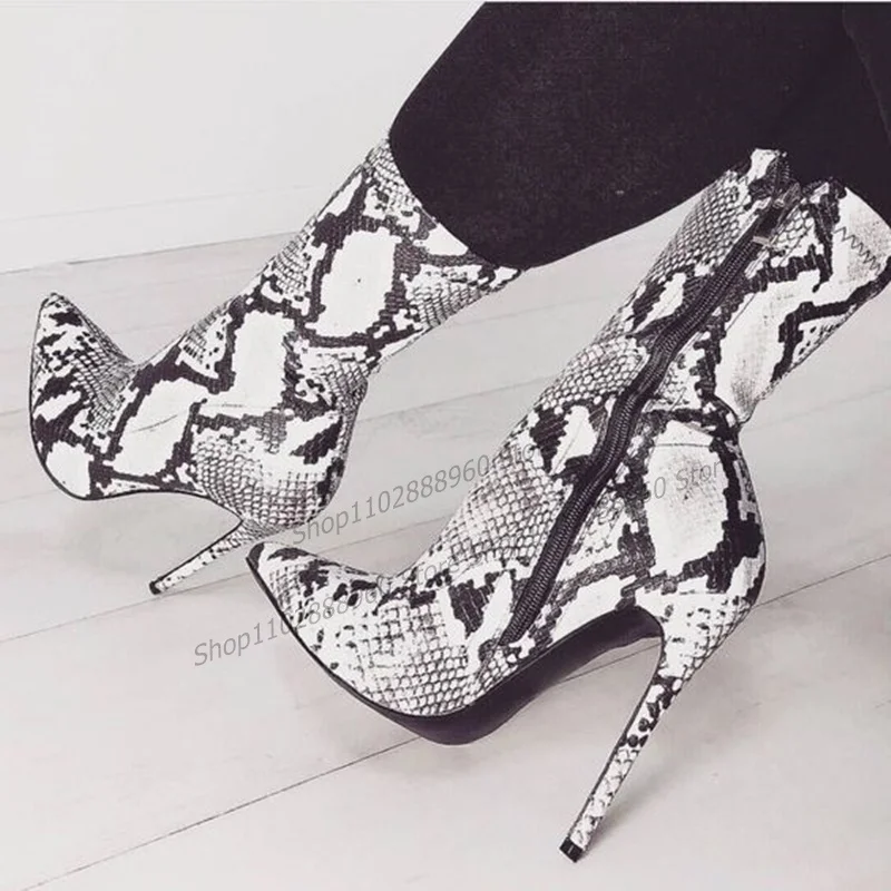 Mid Calf Mixed Color Python Skin Boots Stlettos High Heel Women Shoes Side Zipper Pointed Toe 2023 Fashion Zapatos Para Mujere