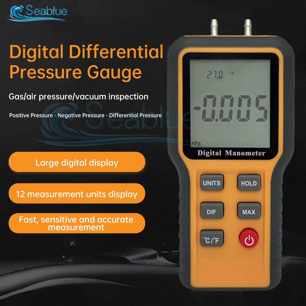 

20kpa Digital Manometer 12 Pressure Units LCD Display Temperature Tool Adjustable Pipes Pressure Measuring Device Switchable C/F