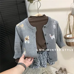 Korean Children Clothing Girls Cartoon Sweater Cardigan Autumn Children Soft Underlayer Shirts Sequined Skirt Set