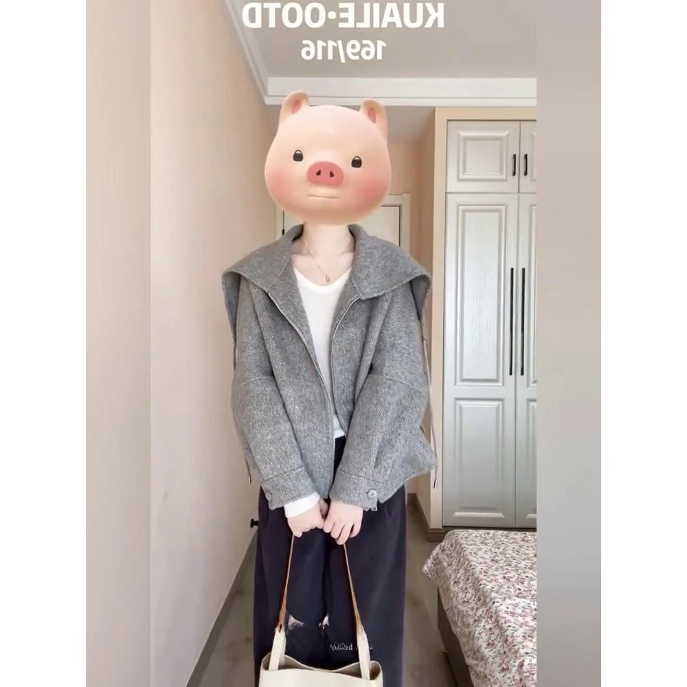 

Серая утолщенная шерстяная куртка женская свободного кроя, уникальное красивое пальто с длинными рукавами, отложным воротником, укороченное, из полиэфирного волокна