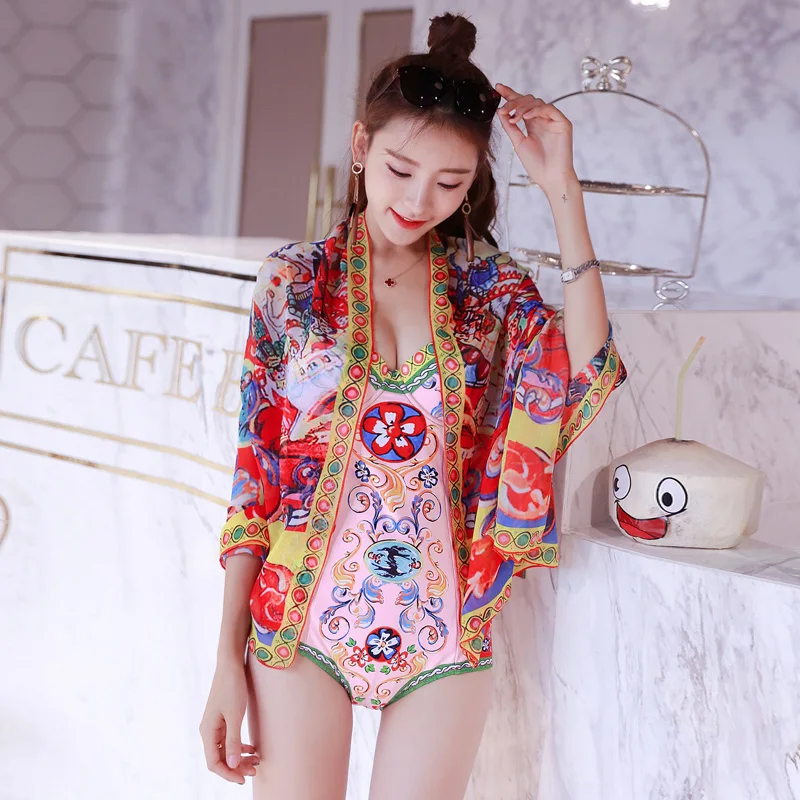 Korean Style One Piece Swimwear Women Floral Print Swimsuit Monokini Push Up with Cover Ups Bathing Suit Sexy Beachwear New