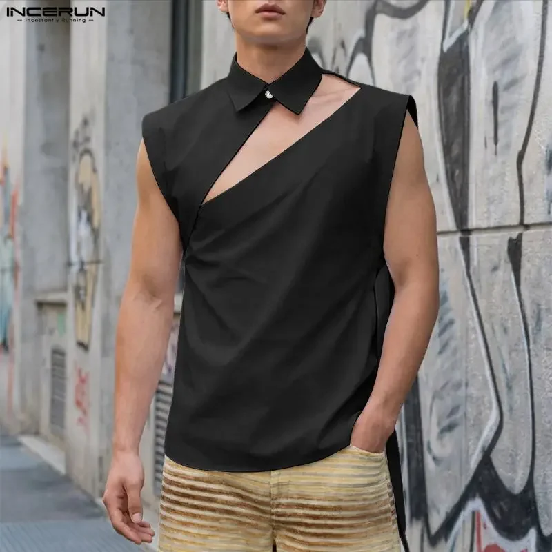 

INCERUN Men Shirt Solid Lapel Sleeveless Hollow Out Men Clothes Streetwear Lace Up 2026 Stylish Casual Tops Shirts For Man S-5XL