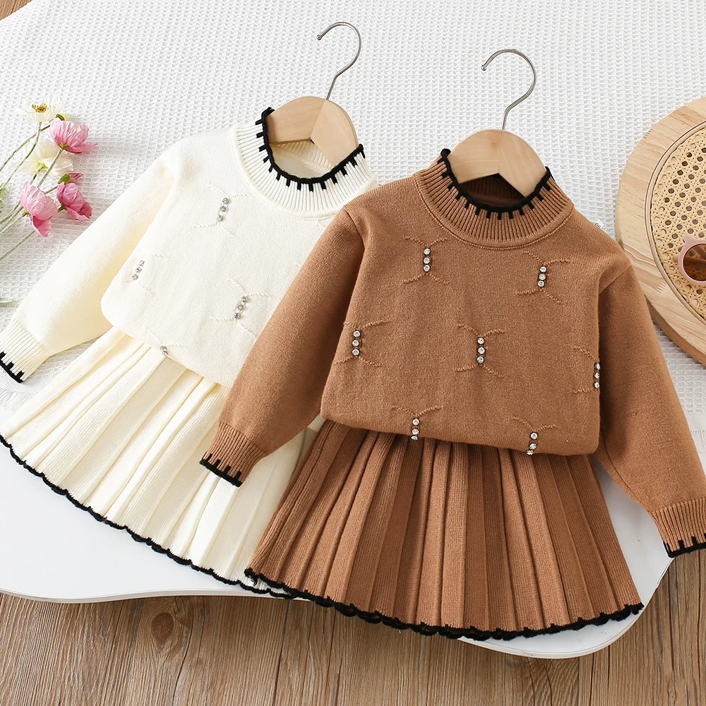LILIGIRL 2026 Autumn Children Outfit 2PCS  Kids Sweater Set 9M-5T Fashion Girls Baby Bead Pullover + Short Skirt Korean