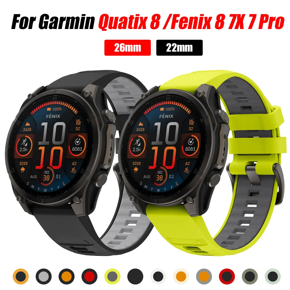 Cinturino sportivo in silicone bicolore 22/26mm per Garmin Fenix 8 7X 7 Pro/Quatix 8 47mm 51mm 7/Instinct 3 2X/Forerunner 970 965/Tactix 8