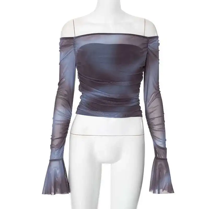 G24tp044 بلوزة نسائية صيفية جديدة لصيف 2025 بكتف واحد وأكمام بوق شبكية مطبوعة #5