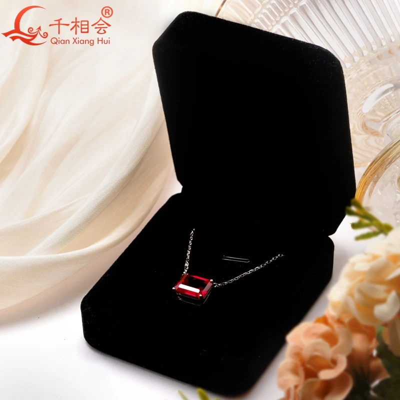 925 silver emerald shape 10*12mm Pigeon Blood Red color lab grwon created ruby with inclusions  Jewelry Pendant Necklace