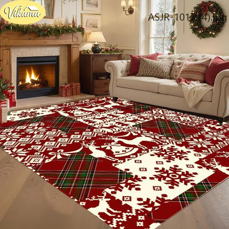 VIKAMA Vintage Christmas Rug, Living Room Sofa and Coffee Table Rug, Non-Slip Holiday Party Decorative Mat, Home Decor