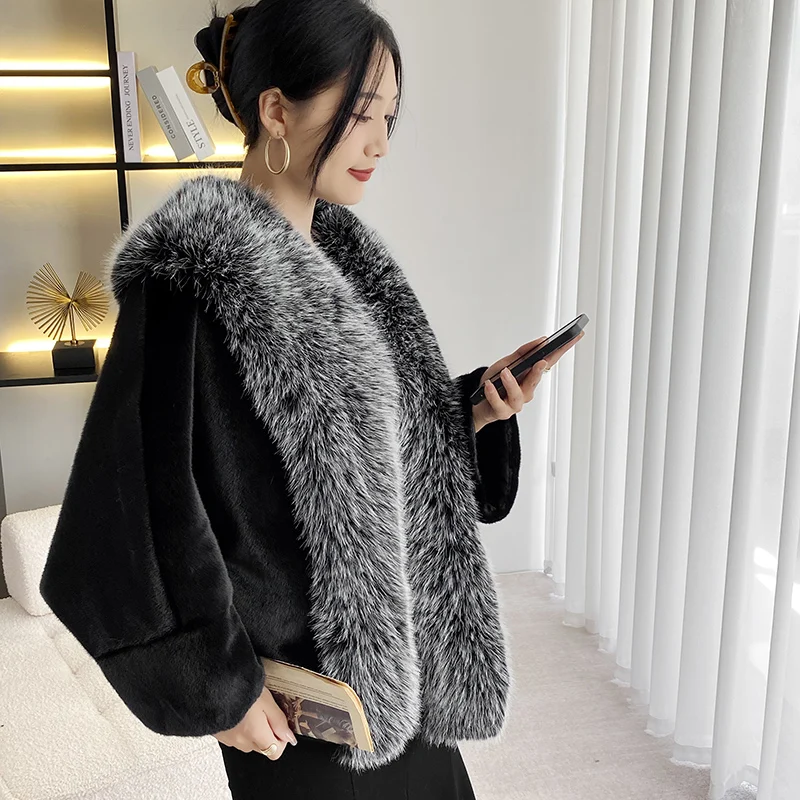 Autumn and Winter New Baggy Bat-Sleeved Fur Fur Collar Coat Women\'s Mid-Length Loose Fashion Fur Coat Top