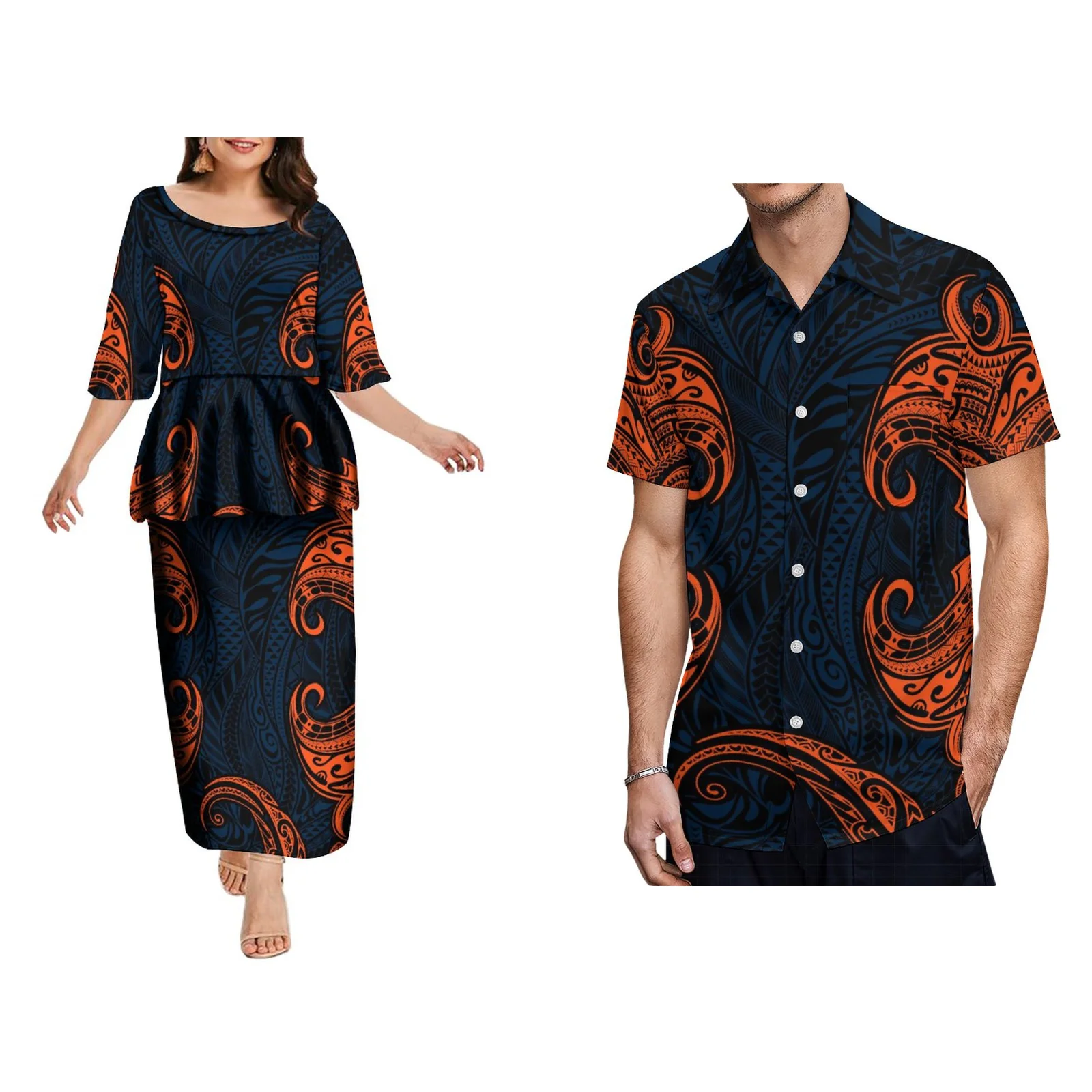 Saia puffy plissada feminina e tornozelo vestido longo polinésio personalizado, conjunto de casal, camisa masculina de alta qualidade, verão