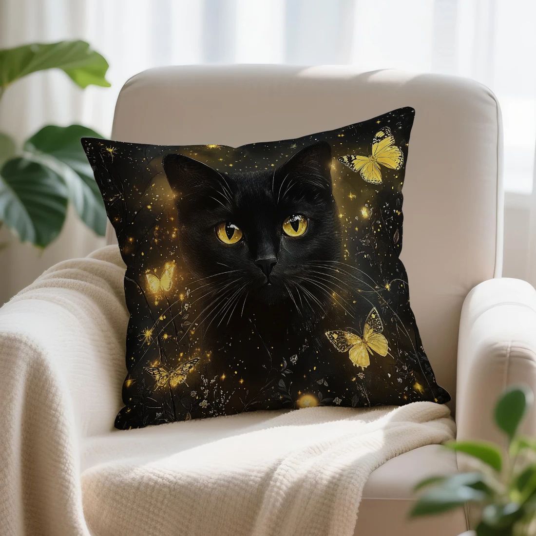 Schwarze Katze mit goldenem Schmetterling, Kissenbezug, Polyester-Kissenbezug, Dekokissen, Sofa-Dekoration, Kissenbezug, Heimdekoration