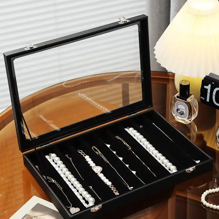 

Black PU leather pearl necklace jewelry box with glass cover, long bracelet, thick hand storage display box