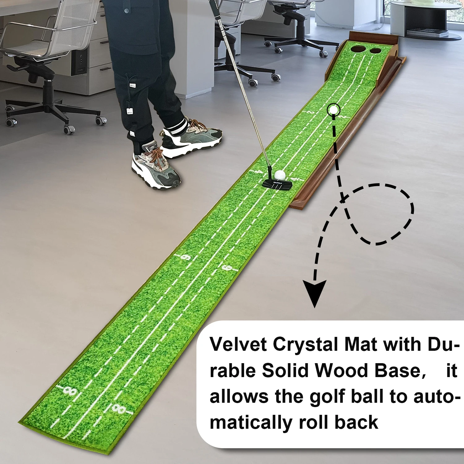 Golf-Putting-Matte für den Innen- und Außenbereich mit automatischem Ballrücklaufsystem aus Holz und 2 Löchern, grünes Zubehör