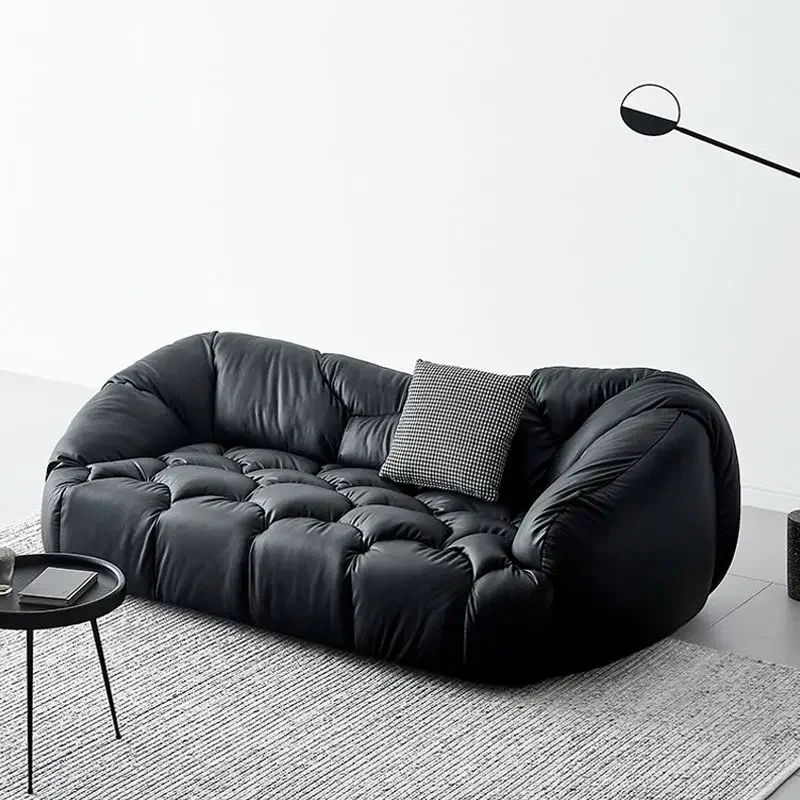 

Designer minimalist cloud sofa three person black leather retro small apartment