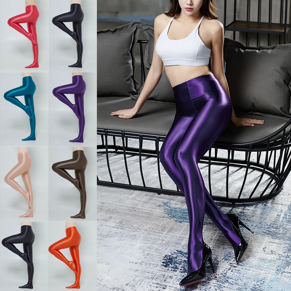 AMORESY Women Sexy Silk Satin Opaque Pantyhose Tights Smooth Yoga Stockings Running Slim High Waisted Fitness Leggings Plus Size