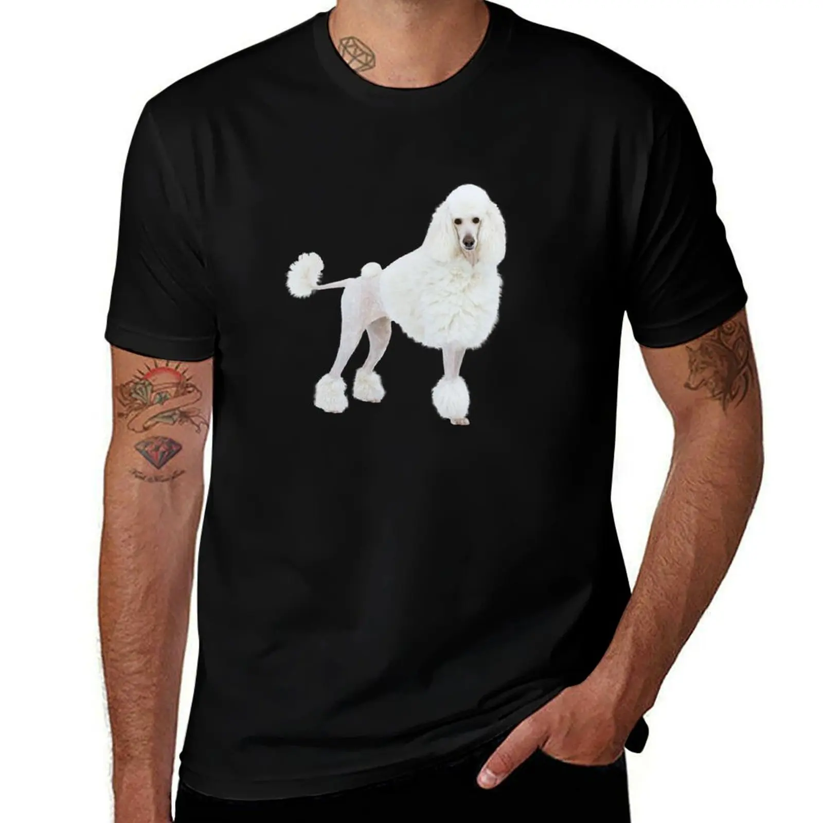 Camiseta con estampado de perro caniche blanco grande con corte de pelo de león, camiseta de cuello redondo grande y alta