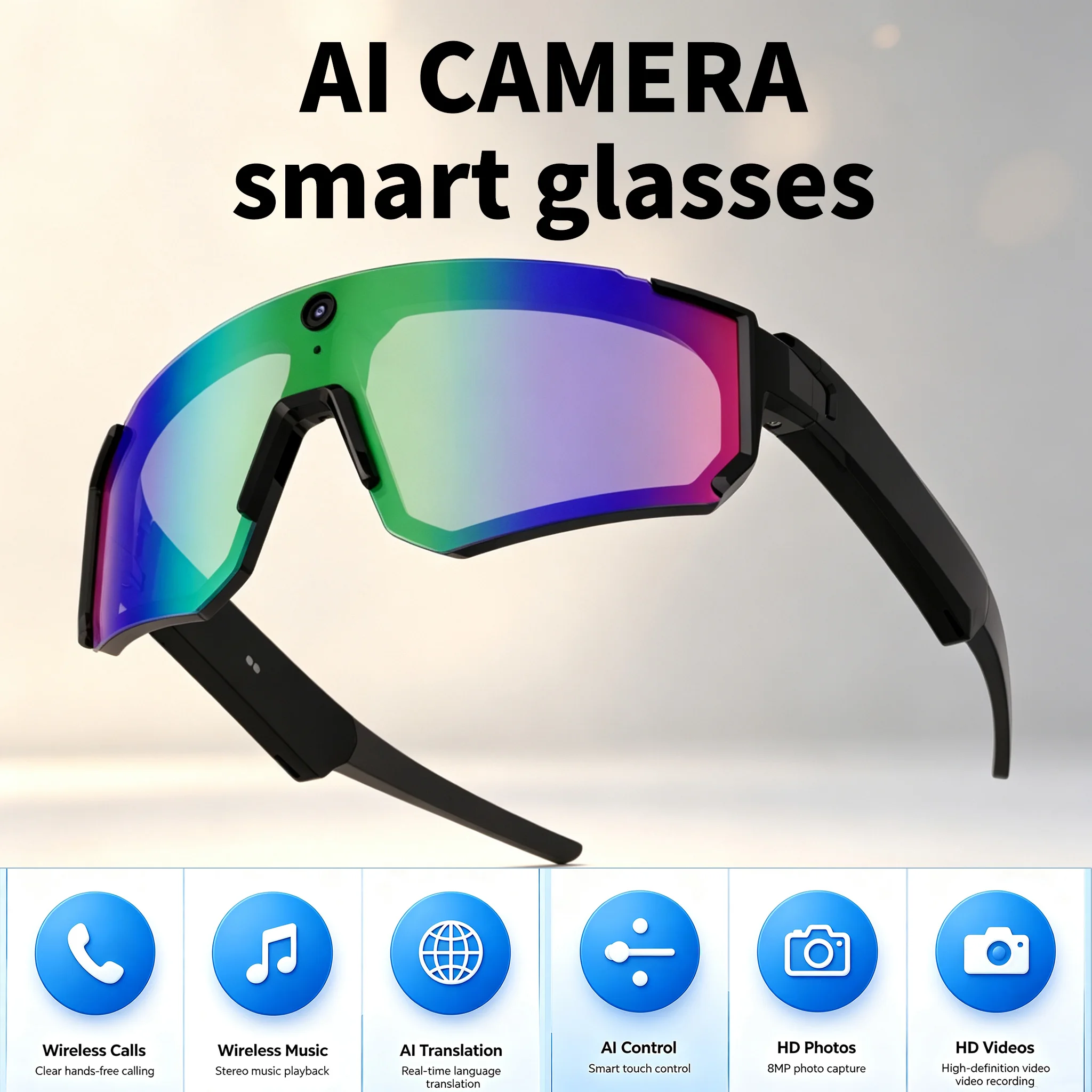 V06 Sports Ai Smart Translation Clear Lenses Glasses 8mp HD Camera Recording Photo Video Recording Waterproof Call Sunglasses