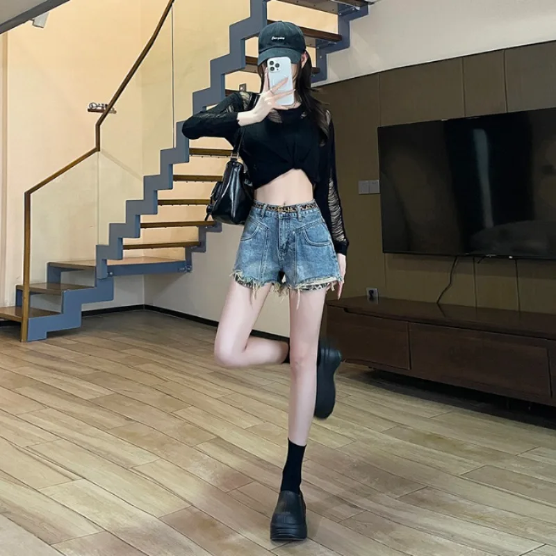 

Y2k Shorts Denim Shorts High Waist Wide Leg Distressed Womens Summer Fashion Fringe Retro Leopard Print Pocket