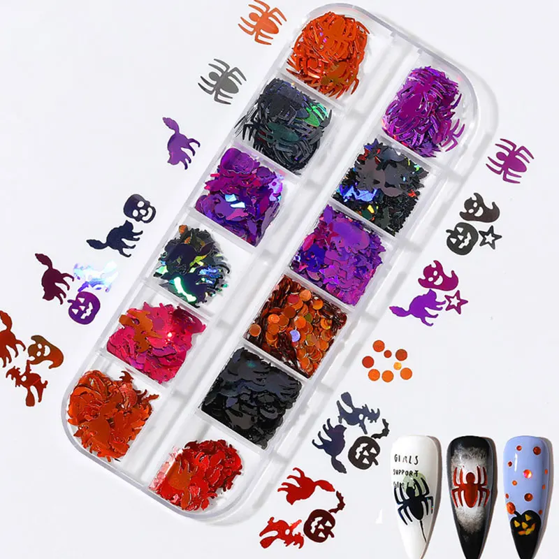 New Halloween Nail Art Jewelry Glitter Sequin Holographic Skull Spider Cat Bat Nail Decal DIY Nail Art Decoration