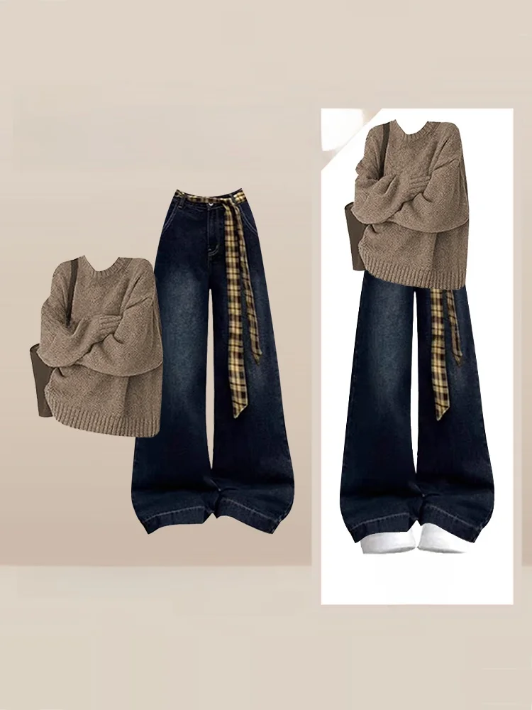 Ay Hong Kong Sle sirène tricoté Pull taille haute jambe large jean deux pièces Ensemble femmes hiver décontracté Faion Ensemble